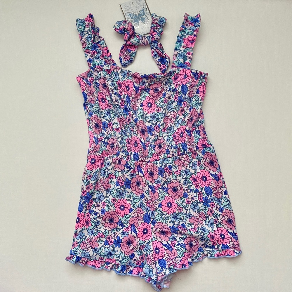 NWOT Girls’ btween Pink & Blue Floral Print Tank Romper with Matching Scunchie